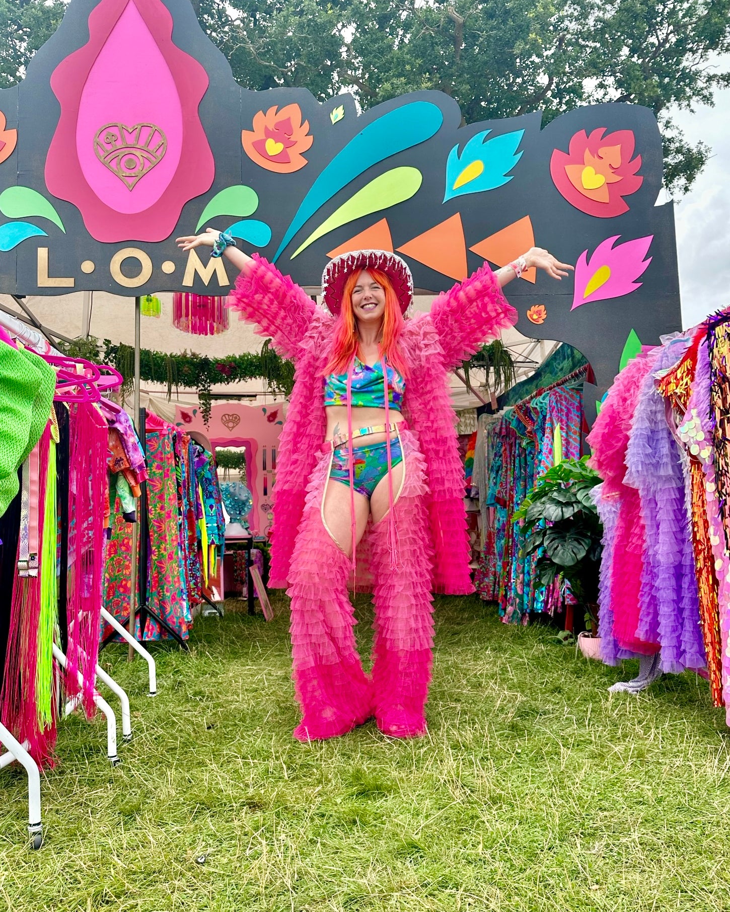 Hot Pink fringe robe and chaps at L•O•M at wilderness festival