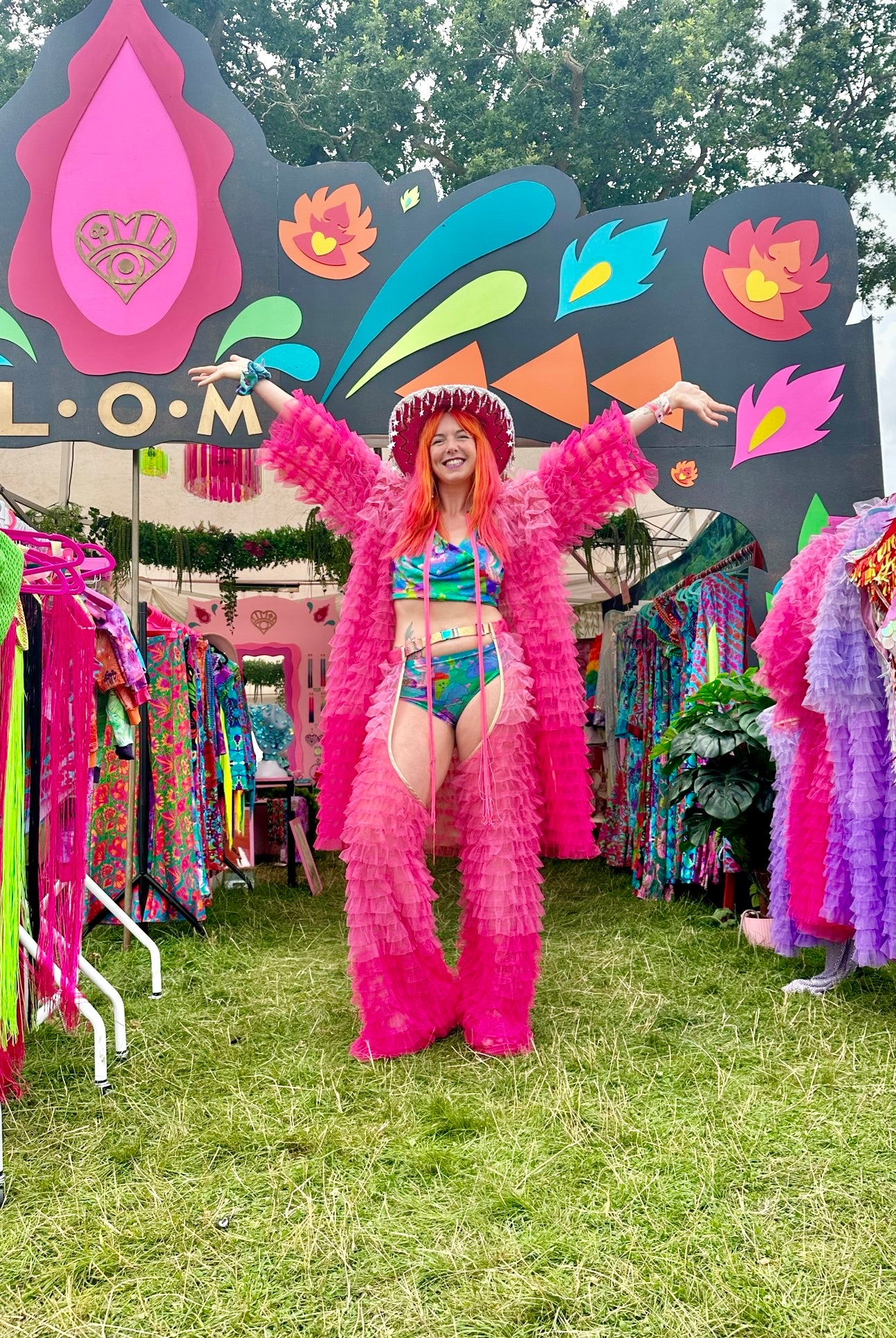 Hot Pink fringe robe and chaps at L•O•M at wilderness festival