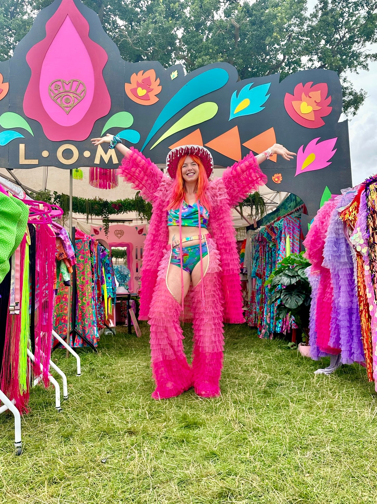 Hot Pink fringe robe and chaps at L•O•M at wilderness festival