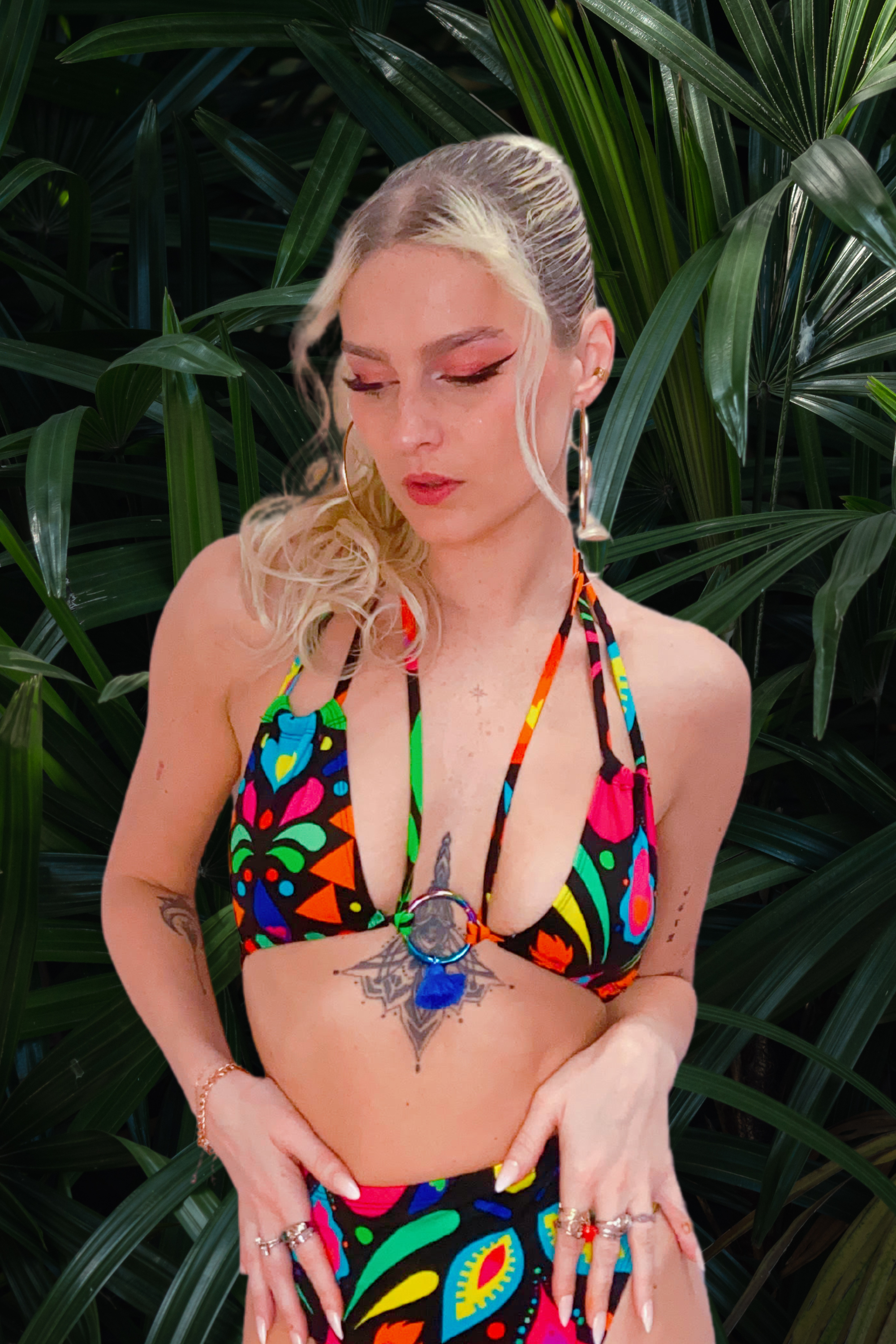 Black and Rainbow Lycra Bikini Top in Femina Magicae print from L•O•M.