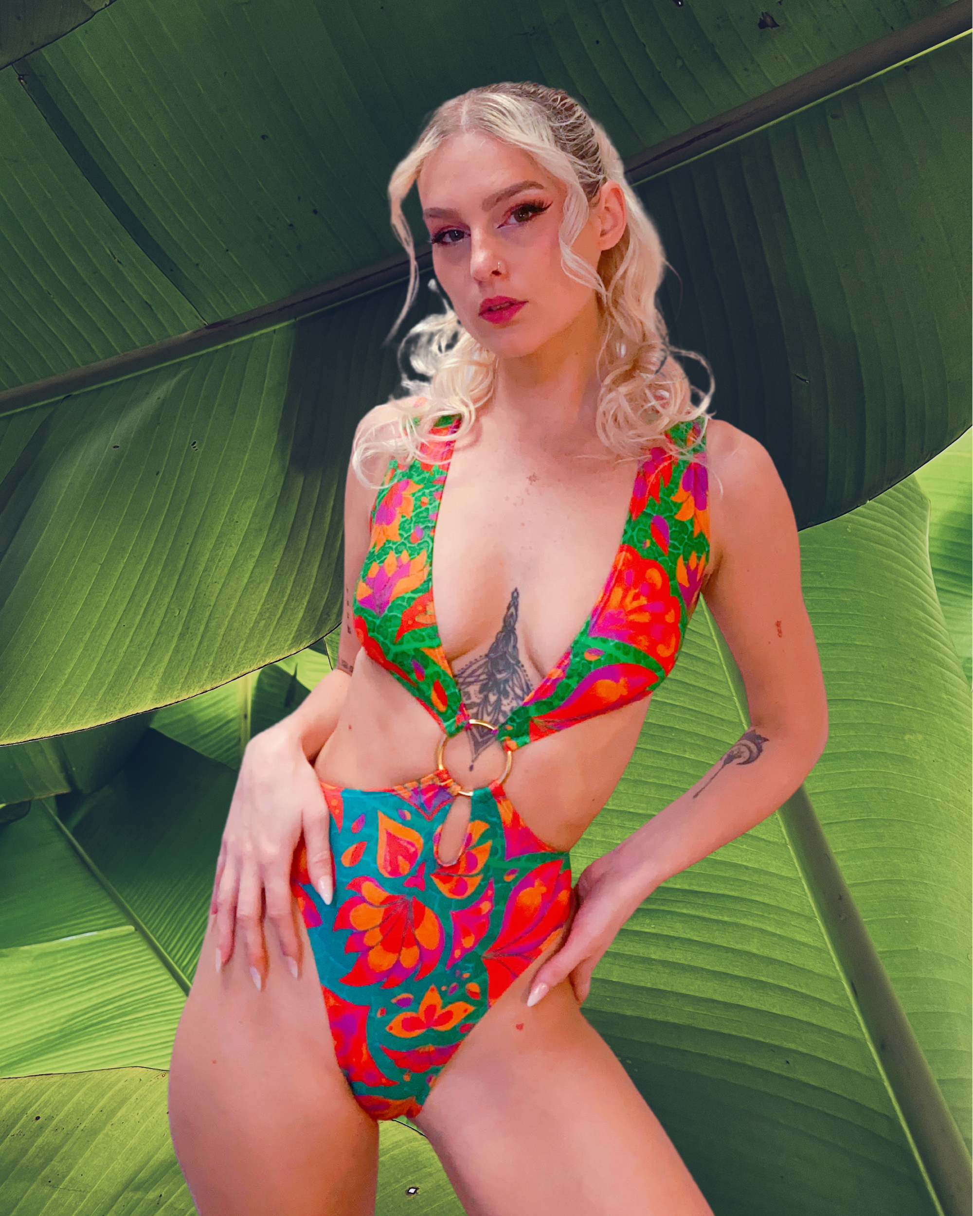 Vendala print lycra cut out bodysuit tropical red orange green and blue print