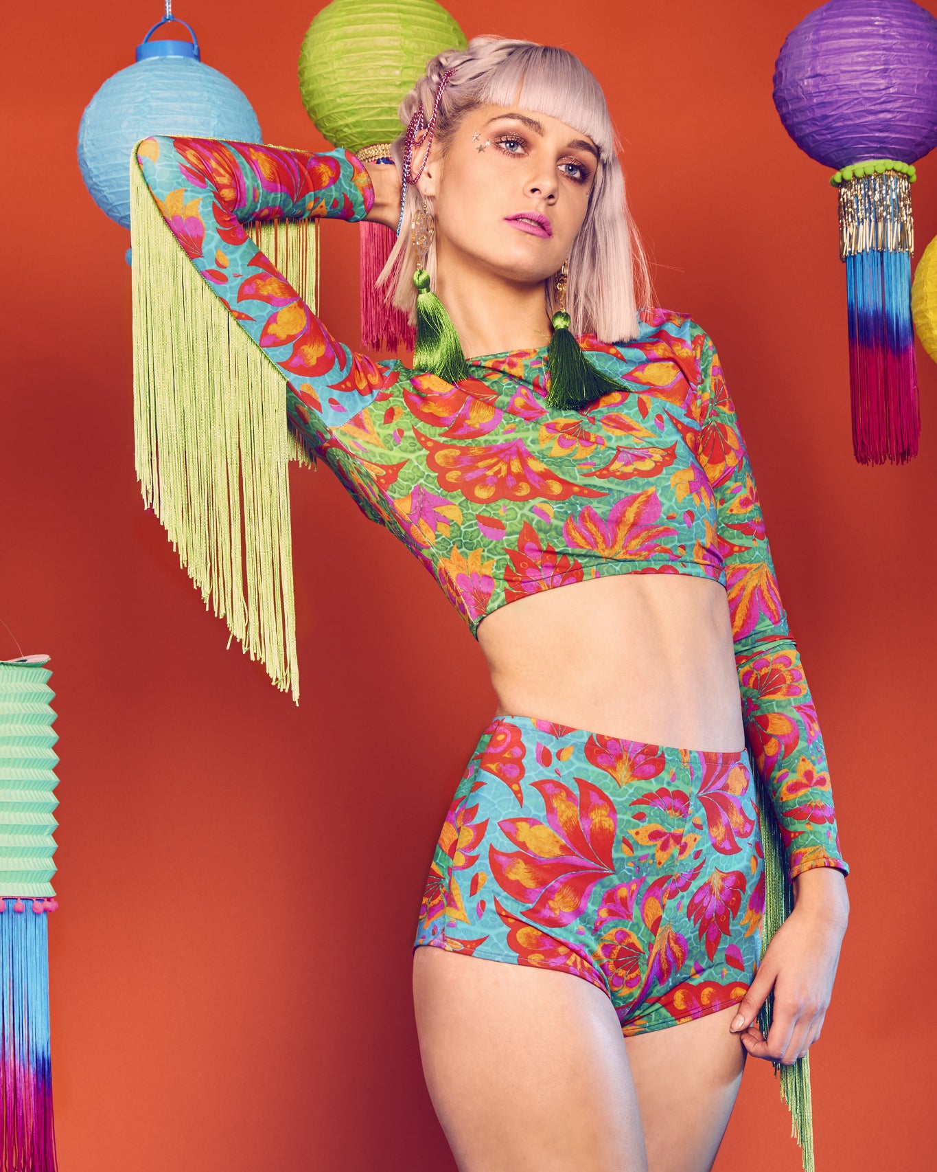 Blue, Green, Pink, Red and Orange Hot Pants with Lycra Crop Top L•O•M Vendala Print