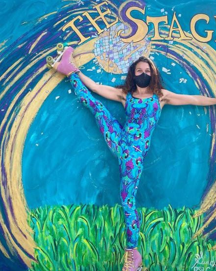 Catsuit with Tribal Tales Print - Turqouise blue with pink