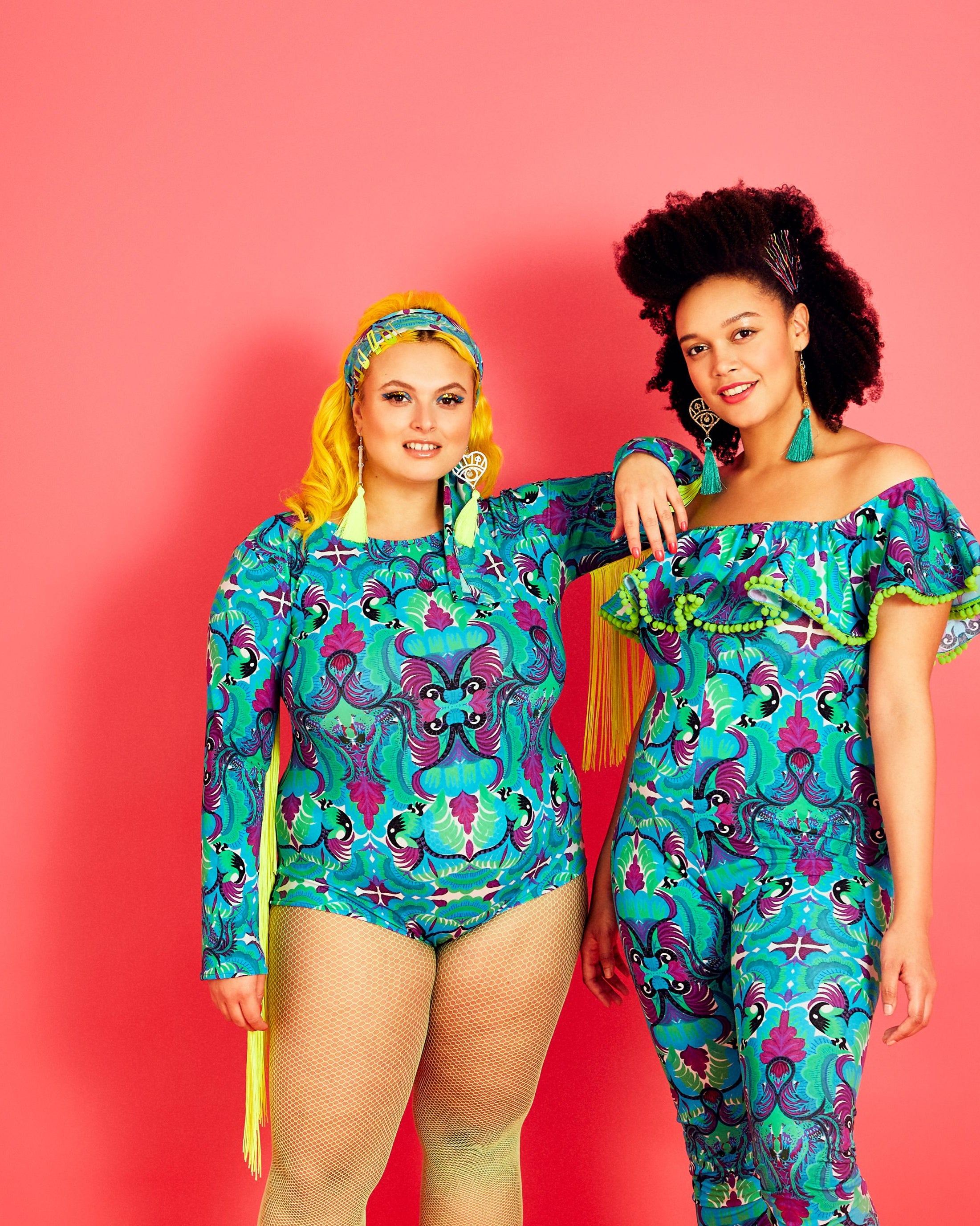 Curvey models wearing tribal tales lycra bodysuit and catsuit