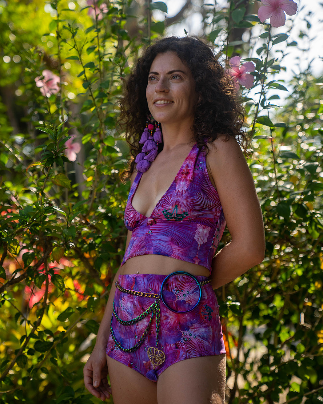 Model wearing lycra top and hot pants in pink forest of dreams print