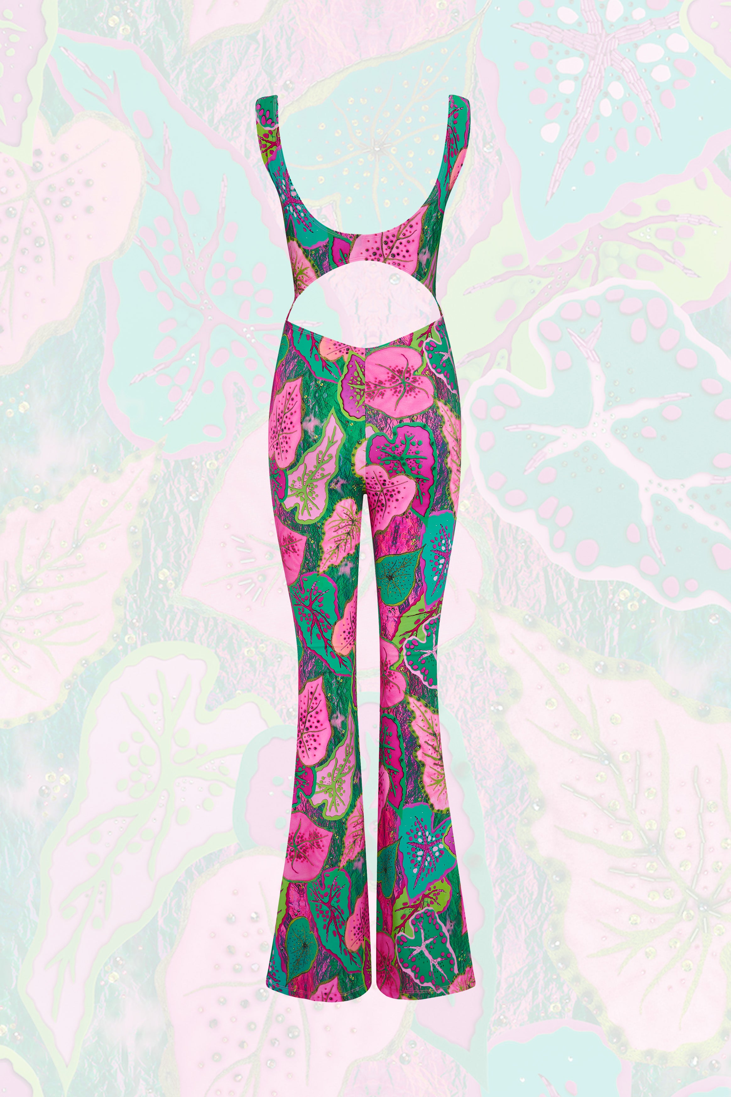 Back of Flared Catsuit in pink and green leaves Cala Elysium Print