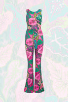 Cut Out Flared Catsuit in pink and green leaves Cala Elysium Print