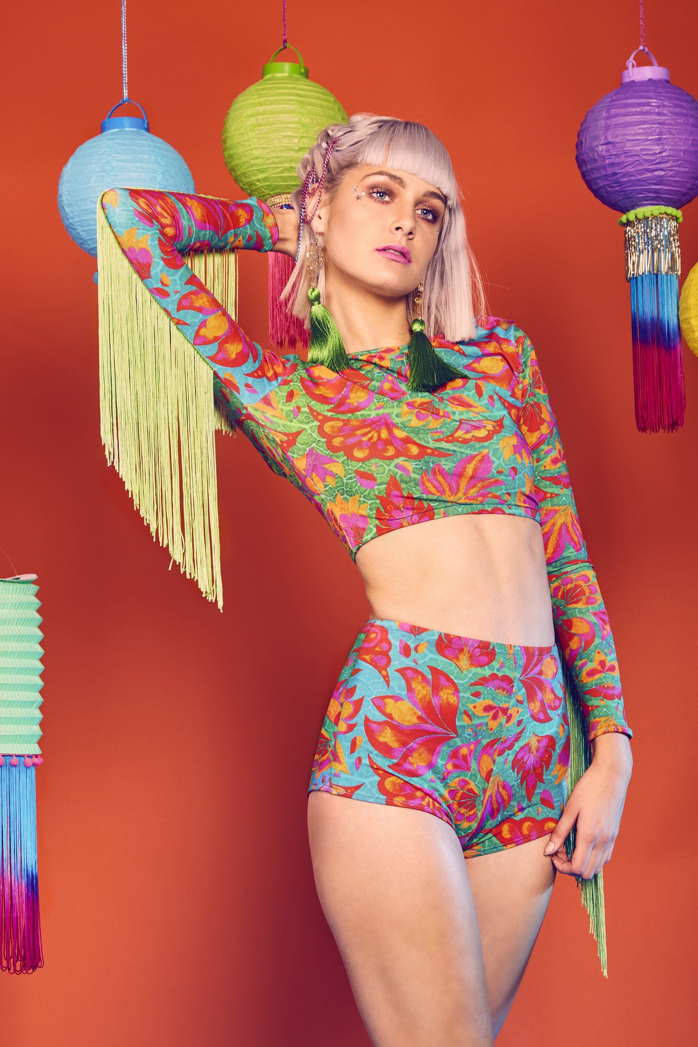 Blue, Green, Pink, Red and Orange Hot Pants with Lycra Crop Top L•O•M Vendala Print