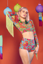 Blue, Green, Pink, Red and Orange Hot Pants with Lycra Crop Top L•O•M Vendala Print