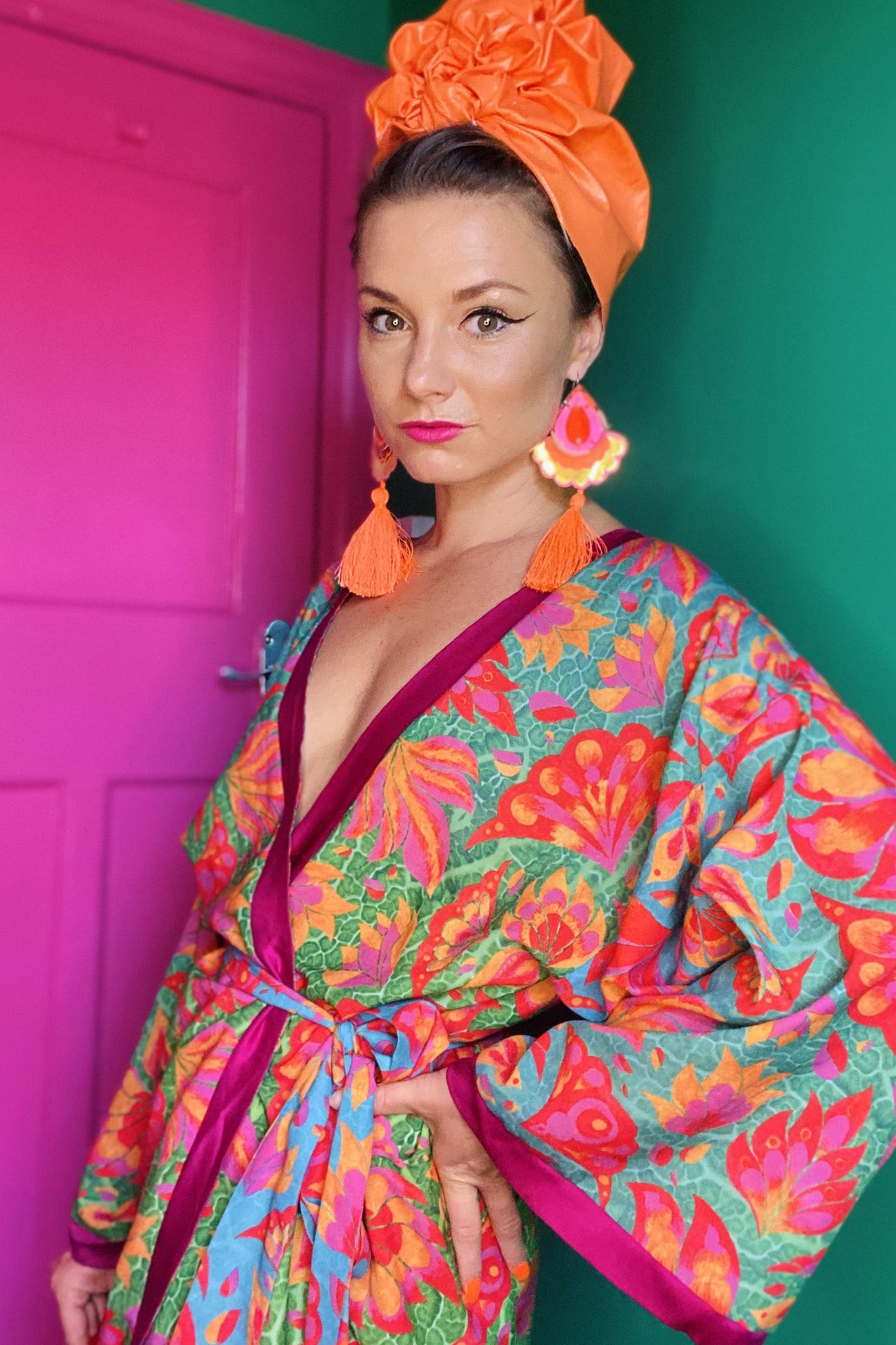 Vendala Crepe de Chine robe. Pinks, reds, blues, greens and oranges in the unique tropical print from L•O•M