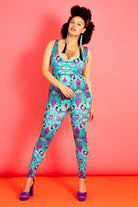 Catsuit in Tribal Tales Print Turqouise blue with pink