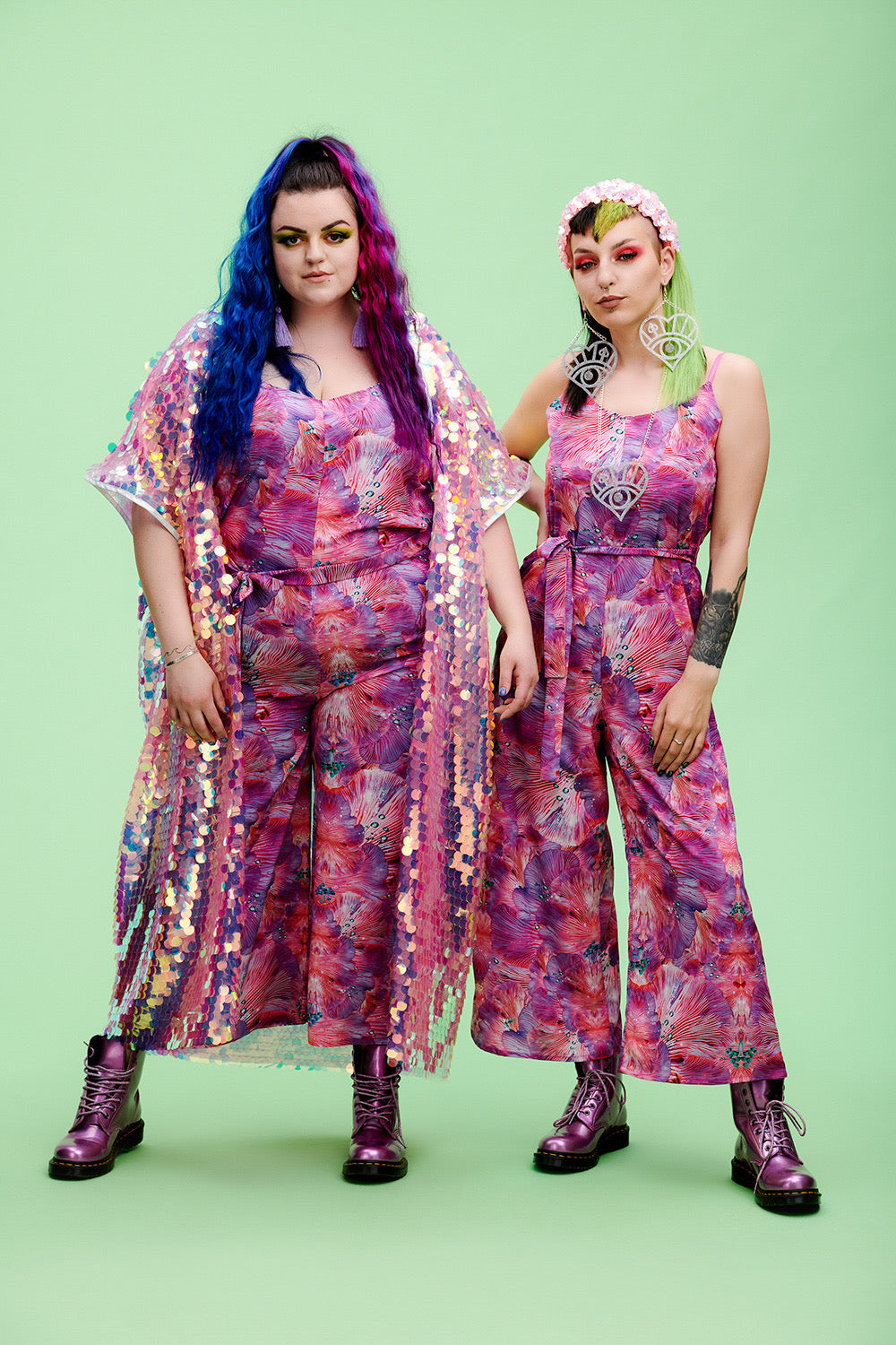 Two Models wearing Forest of Dreams Pink Print Jumpsuit