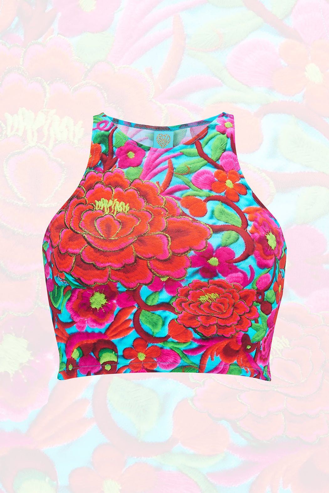 Cut out image of Floral Tropical Lycra Crop Top with blue green pink, and reds