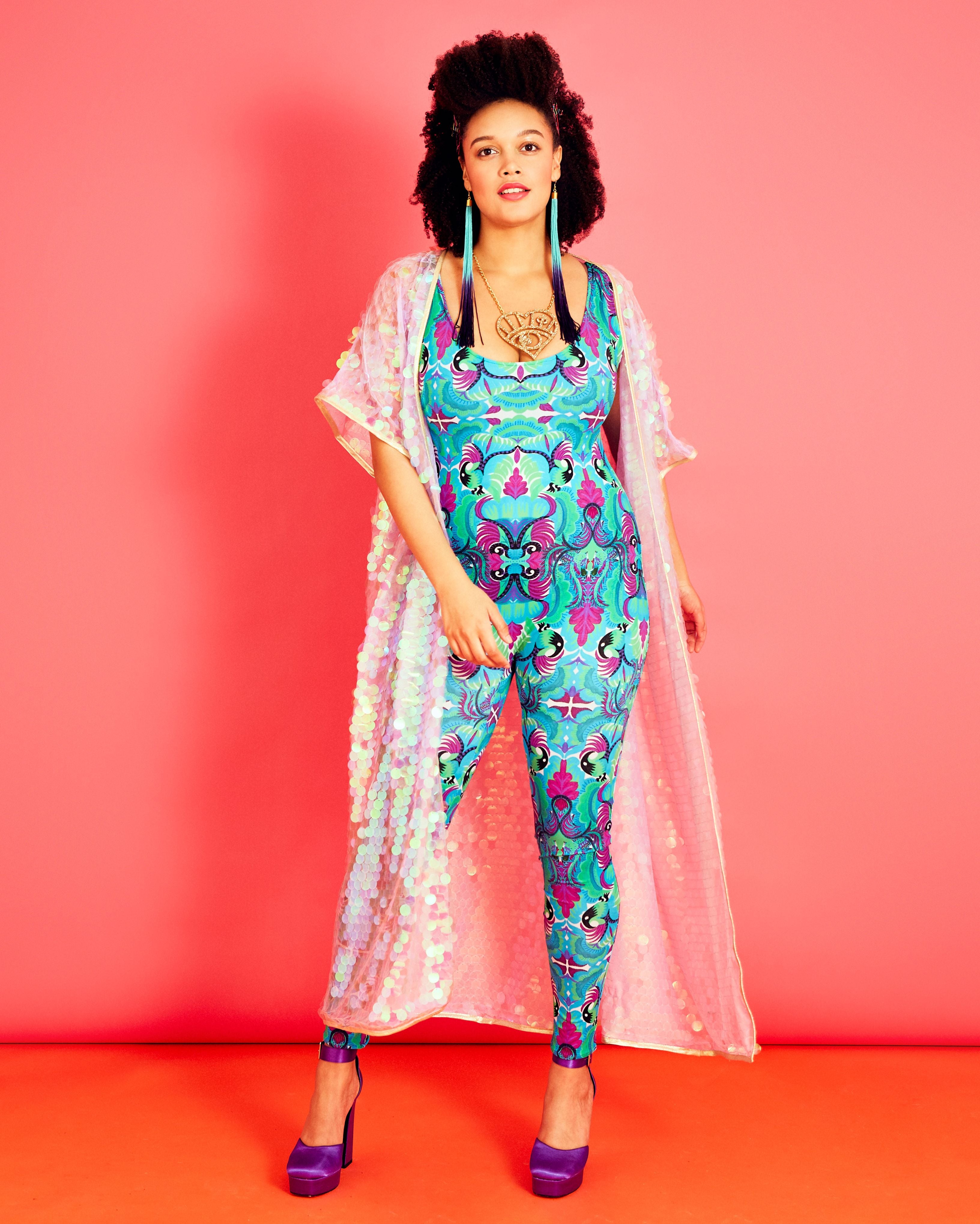 Catsuit in Tribal Tales Print with the Lavender Kimono