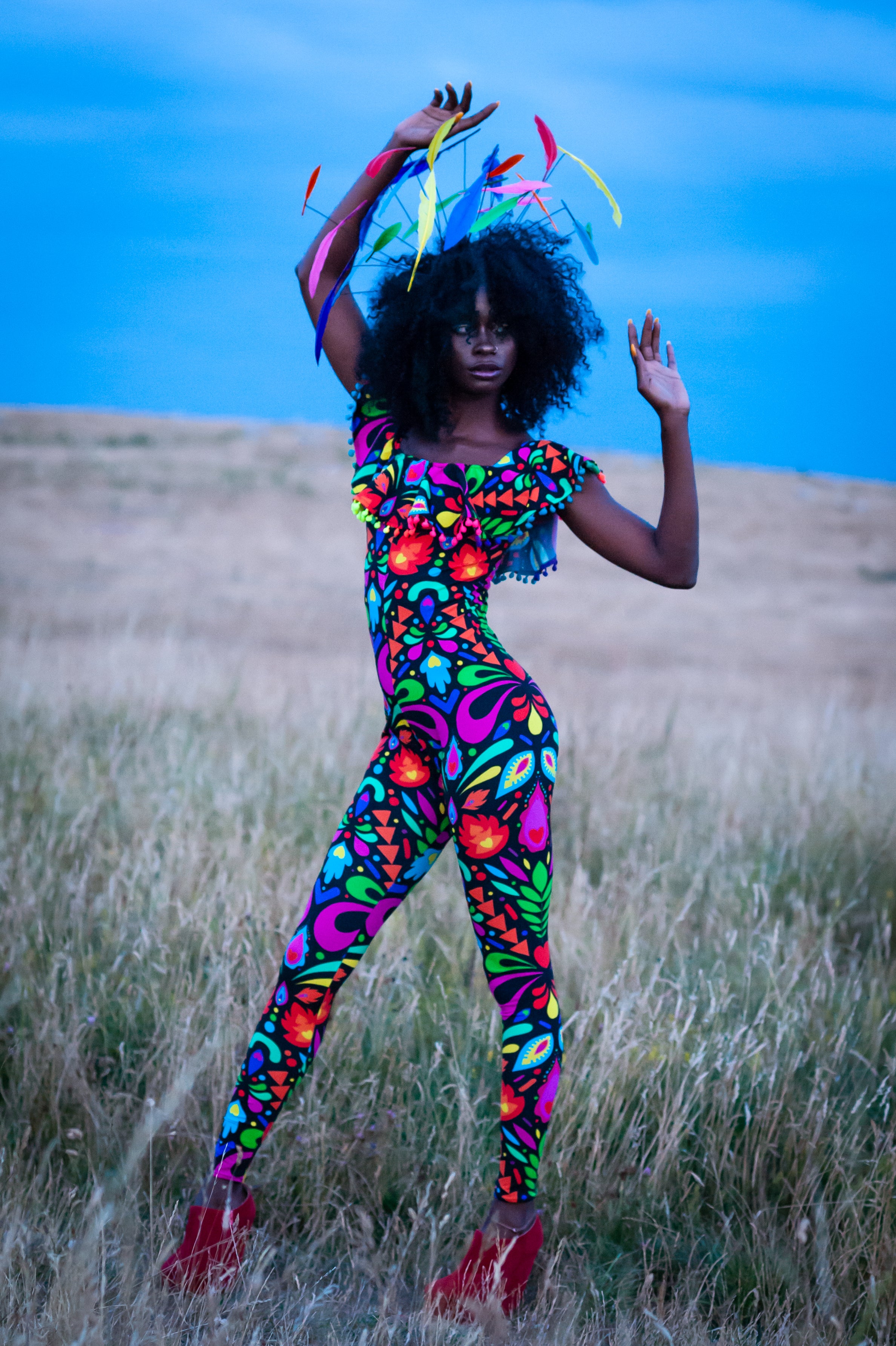 Black cat suit with rainbow Femina Magicae print