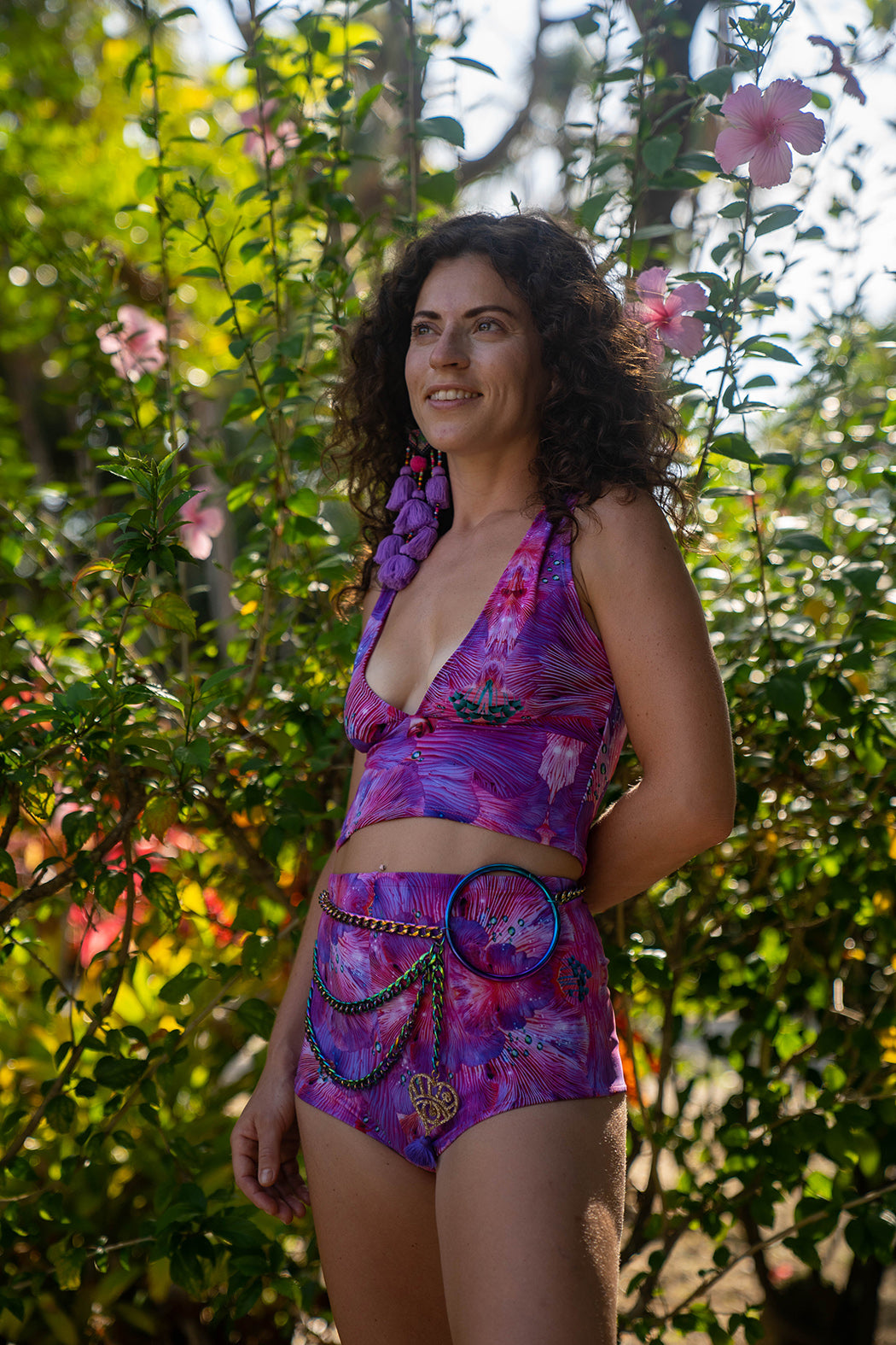 Model wearing lycra top and hot pants in pink forest of dreams print